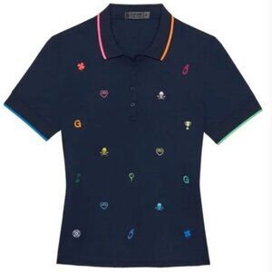 G/FORE Womens L Icon Golf Polo Shirt Top Embroidered Navy Blue Skull Heart ACC